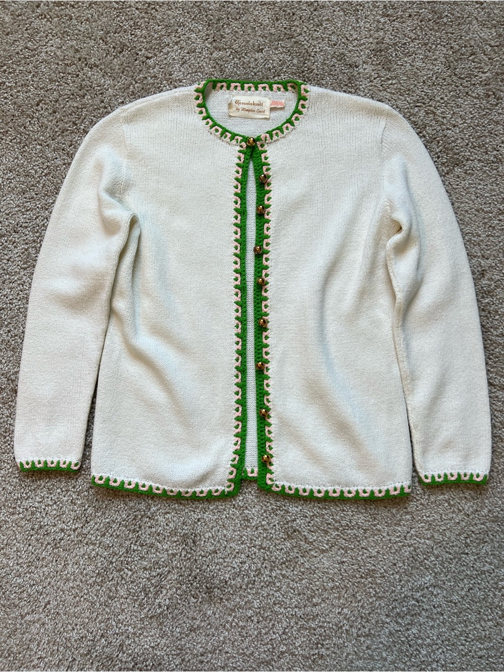 Vintage Rare 70s Tennisknit Hampton Court Cardigan Crochet Trim Sweater Retro